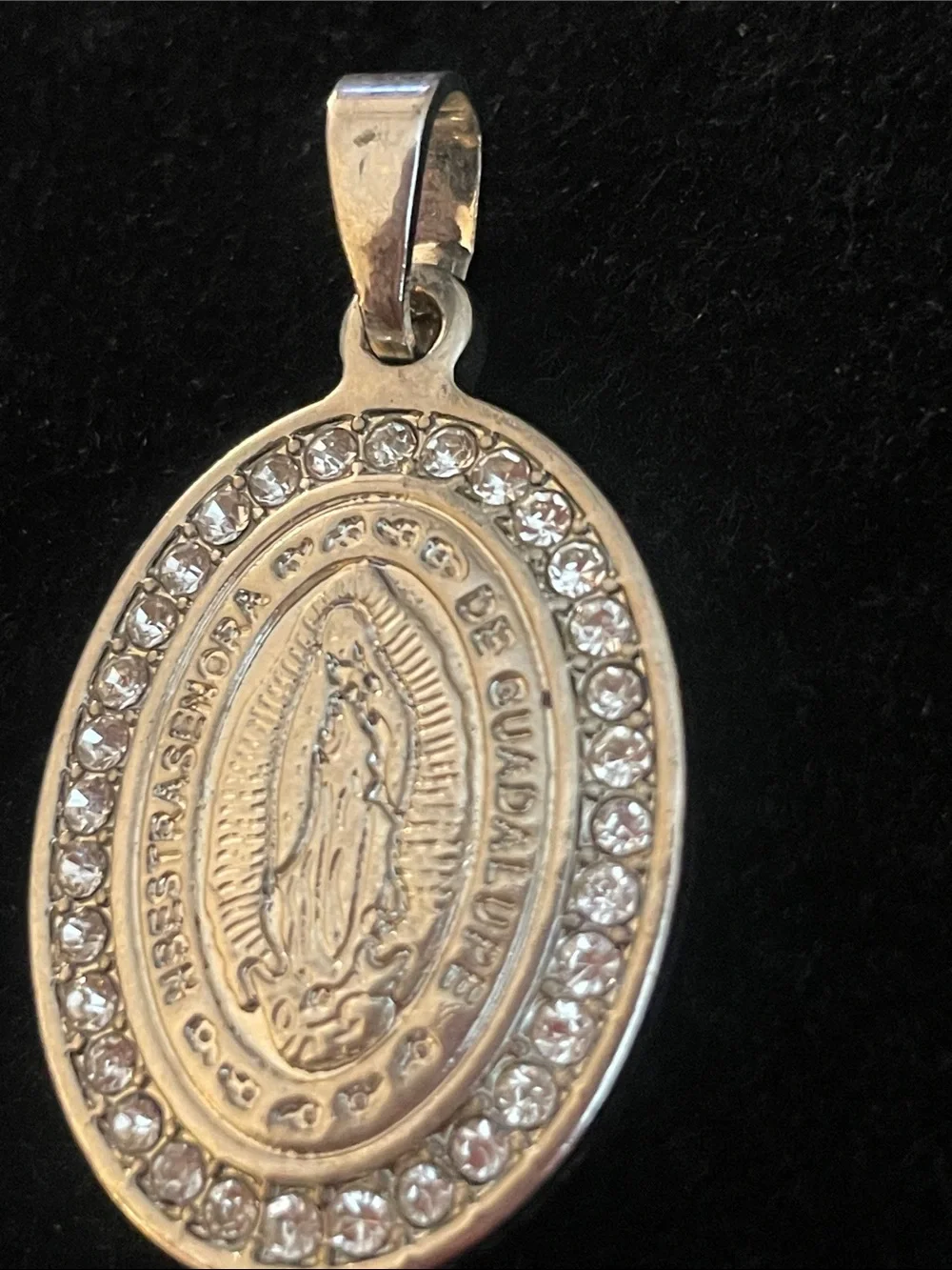 VINTAGE silver-tone oval Our Lady of Guadalupe pendant features a pavé crystal!